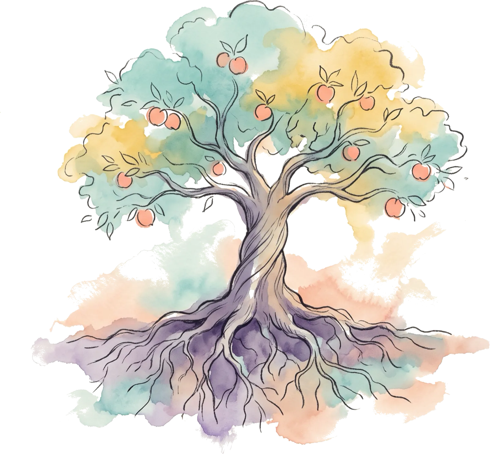 Watercolour illustration of a tree with roots, trunk, and fruit, standing for values, strengths, and goals.