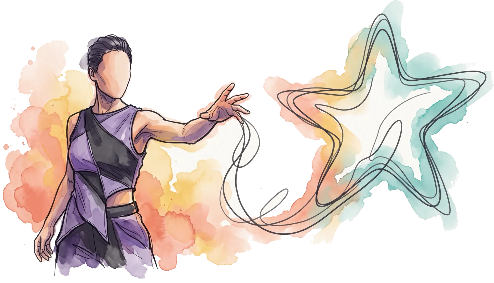 Illustrated woman in a heroic pose reaching toward a glowing star, with warm watercolor washes on a dark background